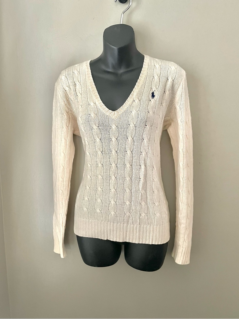 Polo Ralph Lauren Cream Merino Wool:Cashmere Cable-Knit V-Neck Sweater